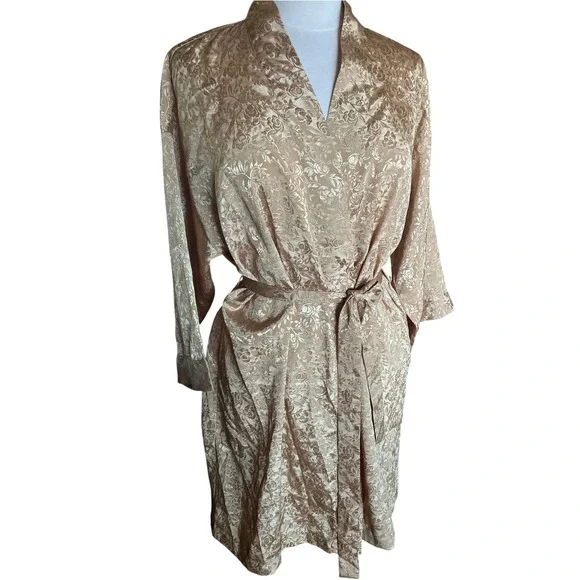 Avon Gold Floral Jacquard Robe Kimono Satin Feel Belted Vintage 80/90s S/M - Picture 9 of 12